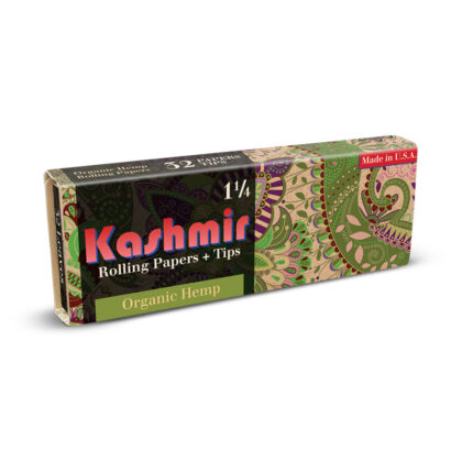The image shows a pack of Kashmir Organic Hemp Rolling Papers + Tips Booklet