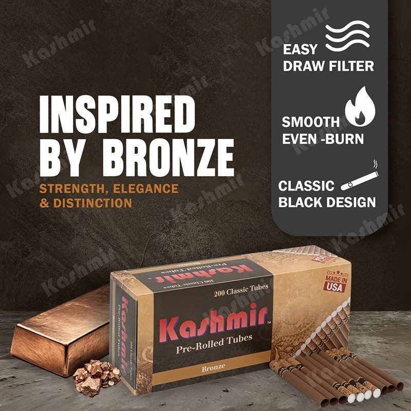 Kashmir Bronze pre-rolled tubes, 200-count box with brown tubes; headline “Inspired by Bronze” and icons listing easy-draw filter, smooth even-burn, and classic black design.