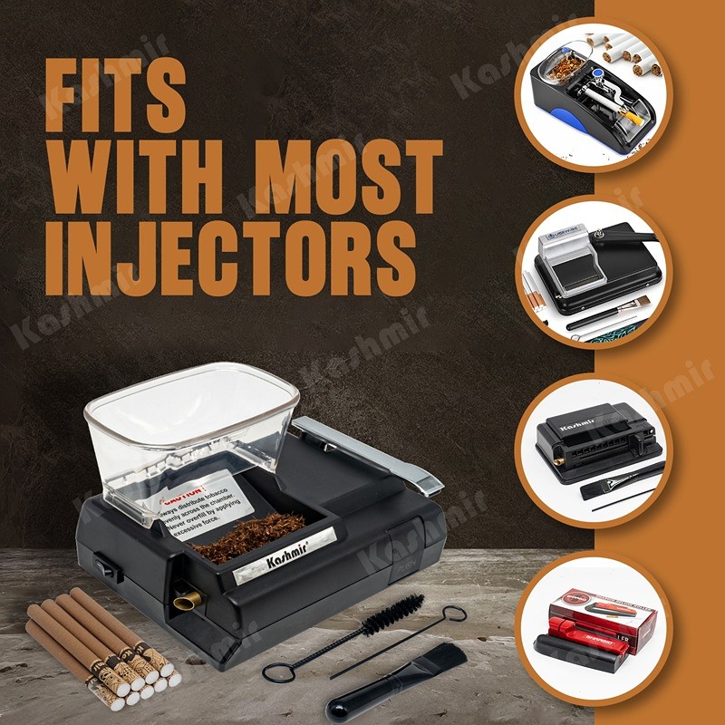 Compatibility graphic reading “Fits with most injectors,” showing Kashmir Bronze pre-rolled tubes beside a tabletop cigarette injector with tobacco and cleaning tools, plus four small photos of different injector styles.
