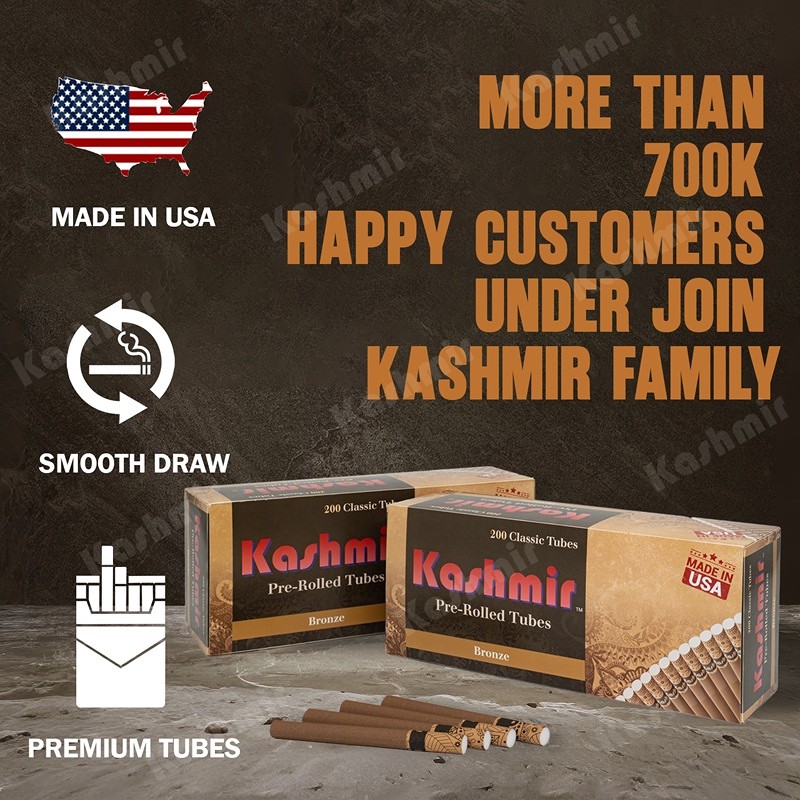 Two cartons of Kashmir Bronze pre-rolled tubes with brown tubes in front; text notes Made in USA, smooth draw, premium tubes, and 700k+ happy customers.