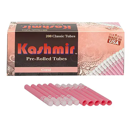 Kashmir Coral pre-rolled tubes, 200-count carton with bright pink paper tubes and white filter tips in front; Made in USA badge visible.