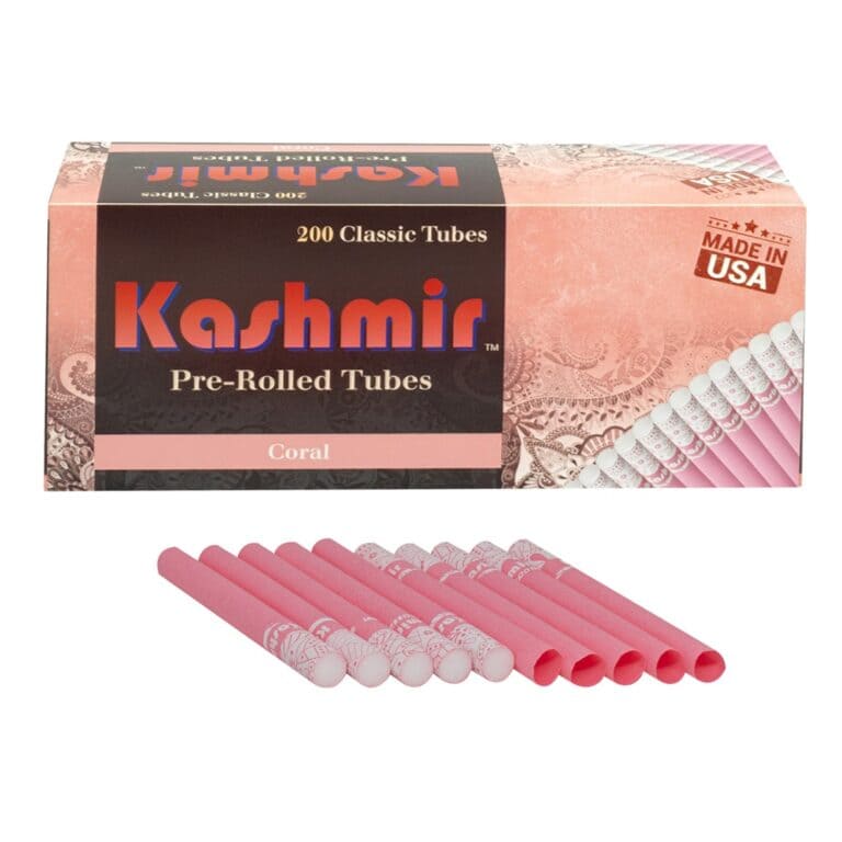 Kashmir Coral pre-rolled tubes, 200-count carton with bright pink paper tubes and white filter tips in front; Made in USA badge visible.