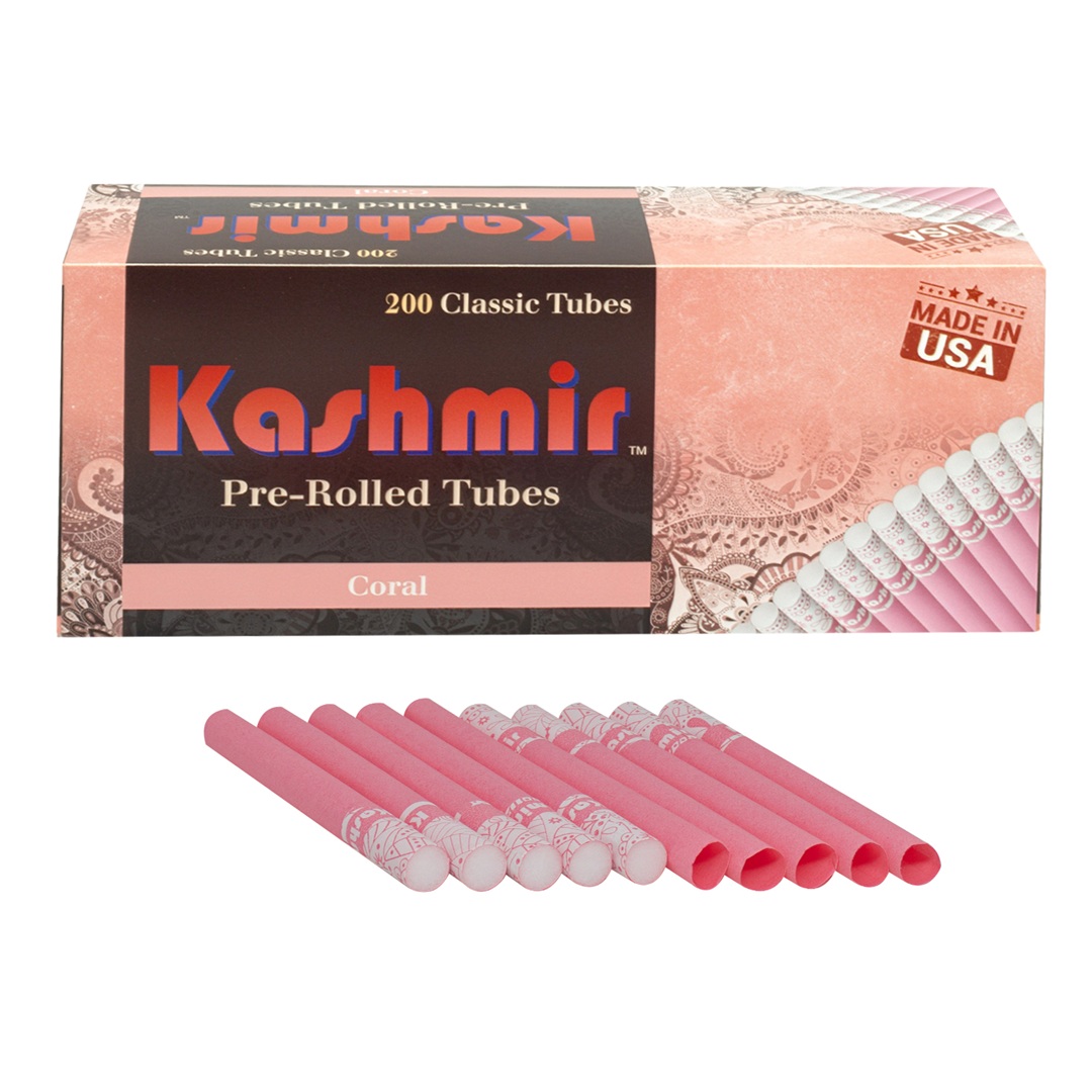 Kashmir Coral pre-rolled tubes, 200-count carton with bright pink paper tubes and white filter tips in front; Made in USA badge visible.