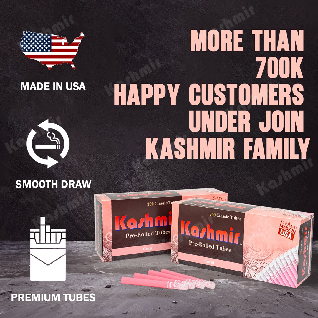 Kashmir Coral cute cigarette tubes—two 200-count cartons with pink tubes; text highlights Made in USA, Smooth Draw, Premium Tubes, and 700k+ happy customers.