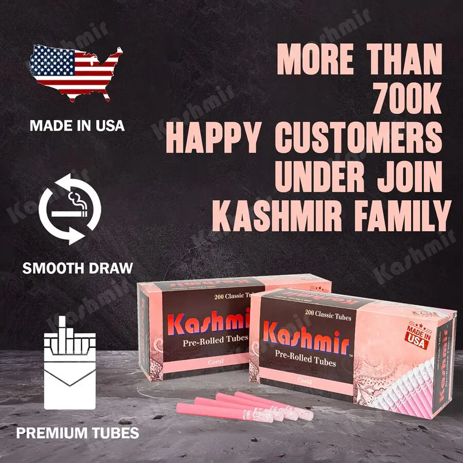Kashmir Coral cute cigarette tubes—two 200-count cartons with pink tubes; text highlights Made in USA, Smooth Draw, Premium Tubes, and 700k+ happy customers.