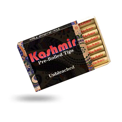 Kashmir unbleached pre rolled filter tips tray with a visible row of tips along the side.