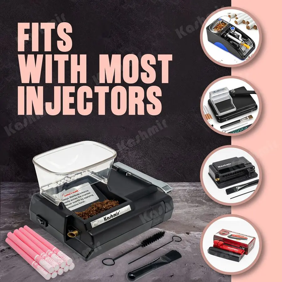 “Fits with most injectors” graphic showing a tabletop injector with tobacco and tools, Kashmir Coral pink pre-rolled tubes, and four inset photos of injector types.