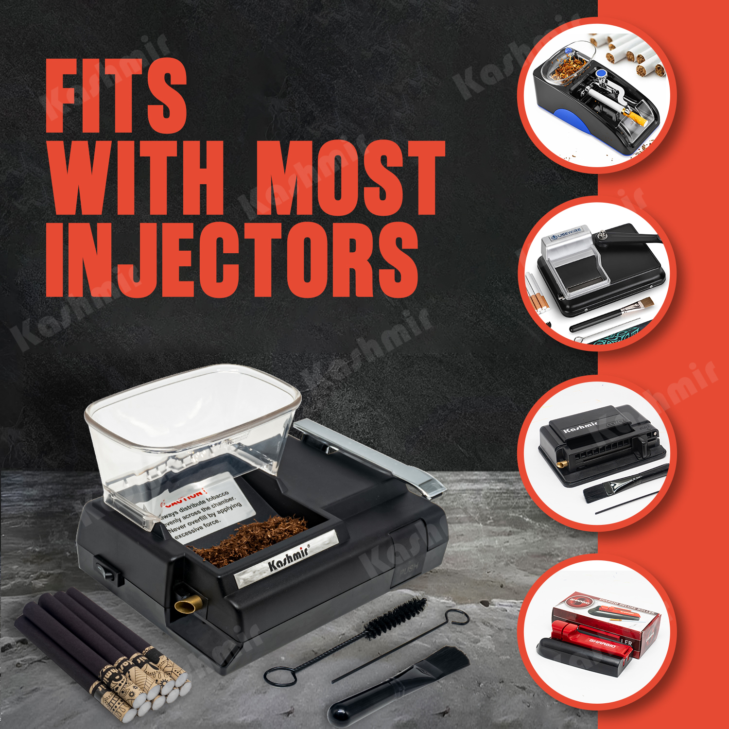 “Fits with most injectors” graphic showing a tabletop cigarette injector with tobacco and tools, plus a bundle of black Kashmir Onyx filter tubes and four inset photos of injector styles.