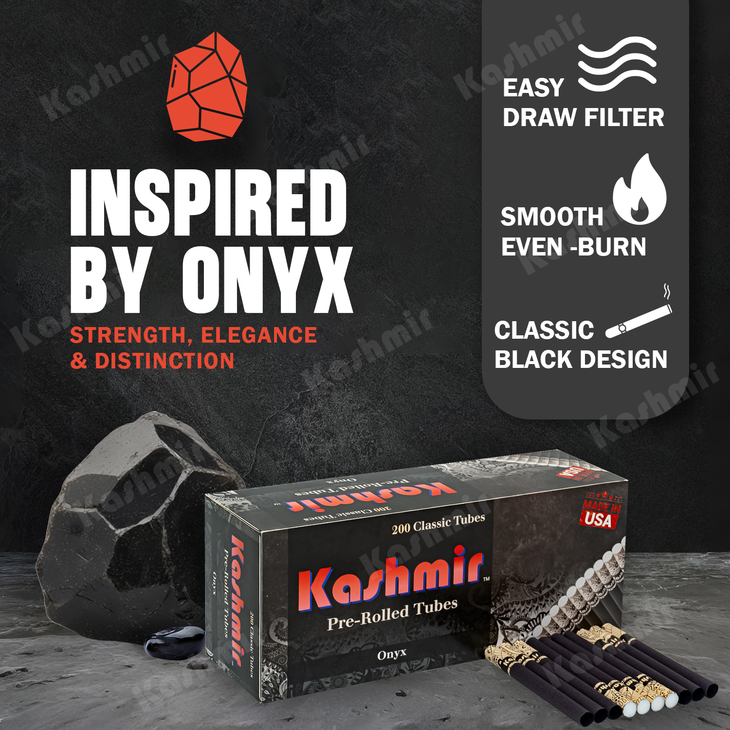 Kashmir Onyx pre-rolled tubes, 200-count box with black tubes; “Inspired by Onyx” graphic highlighting easy-draw filter, smooth even-burn, and classic black design; Made in USA.