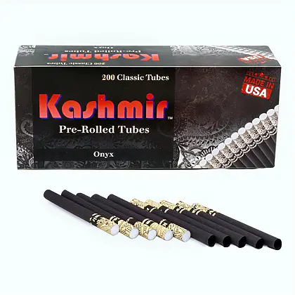 cigarette tubes, filter tubes, Empty filter tubes, King Size Filter Tubes, Empty Cigarette Tubes with Filter, Cigarette Filter Tubes. Kashmir Onyx pre-rolled tubes, 200-count carton with black tubes and white filter tips arranged in front, front view.