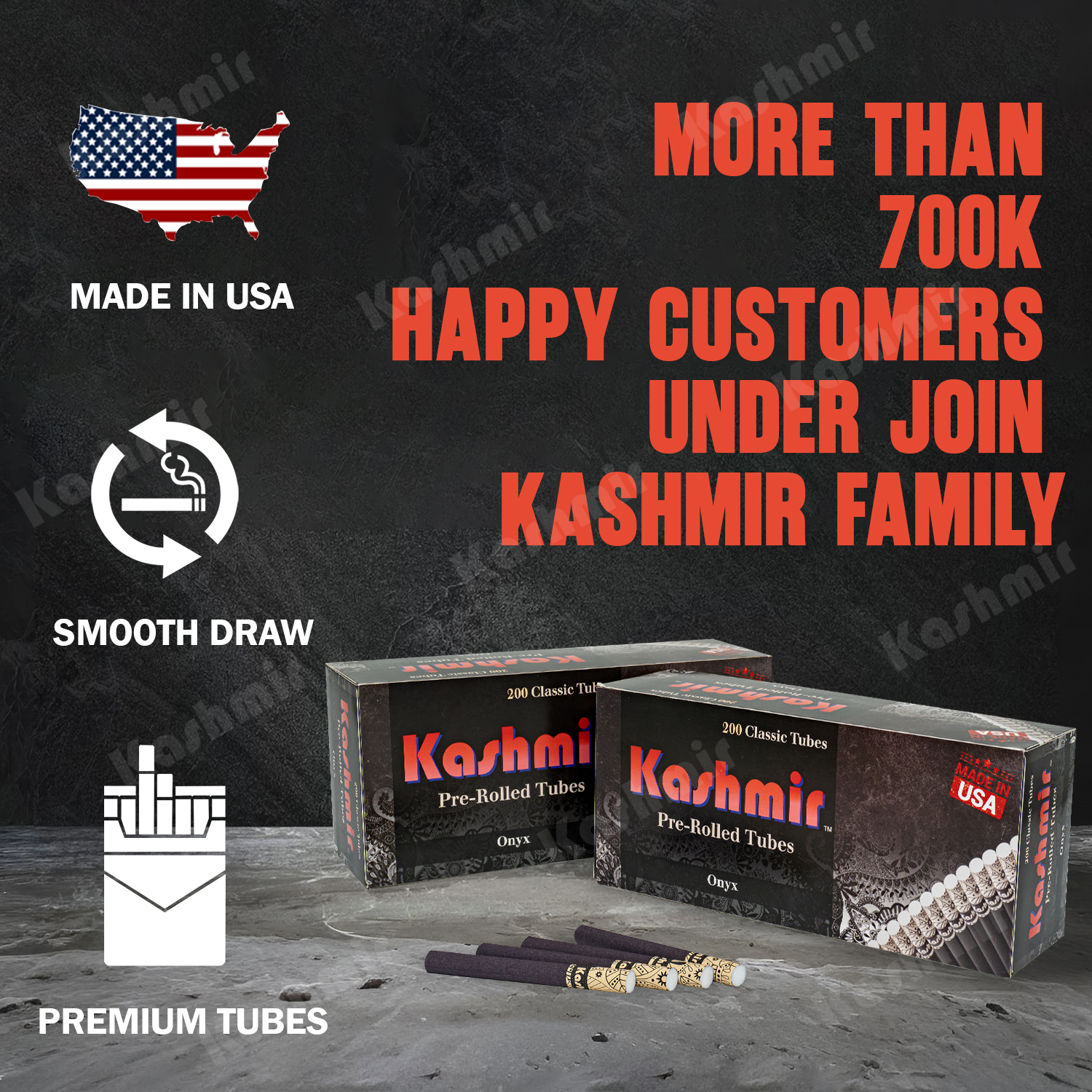 Two cartons of Kashmir Onyx pre-rolled tubes—black tobacco tubes—200 count each, with “Made in USA,” “Smooth Draw,” and “Premium Tubes” callouts; several black tubes shown in front.