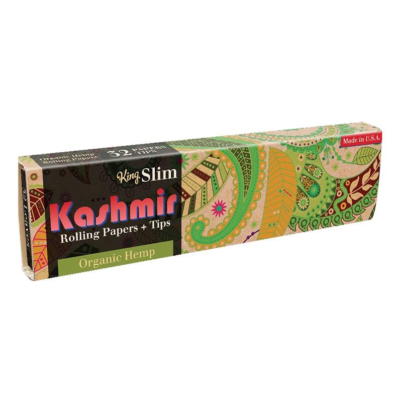 Kashmir Organic Hemp King Slim rolling papers with tips combo, 32-count pack, angled front view.
