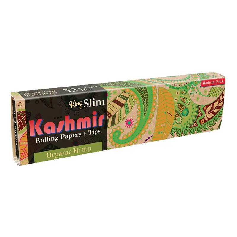 Kashmir Organic Hemp King Slim rolling papers with tips combo, 32-count pack, angled front view.