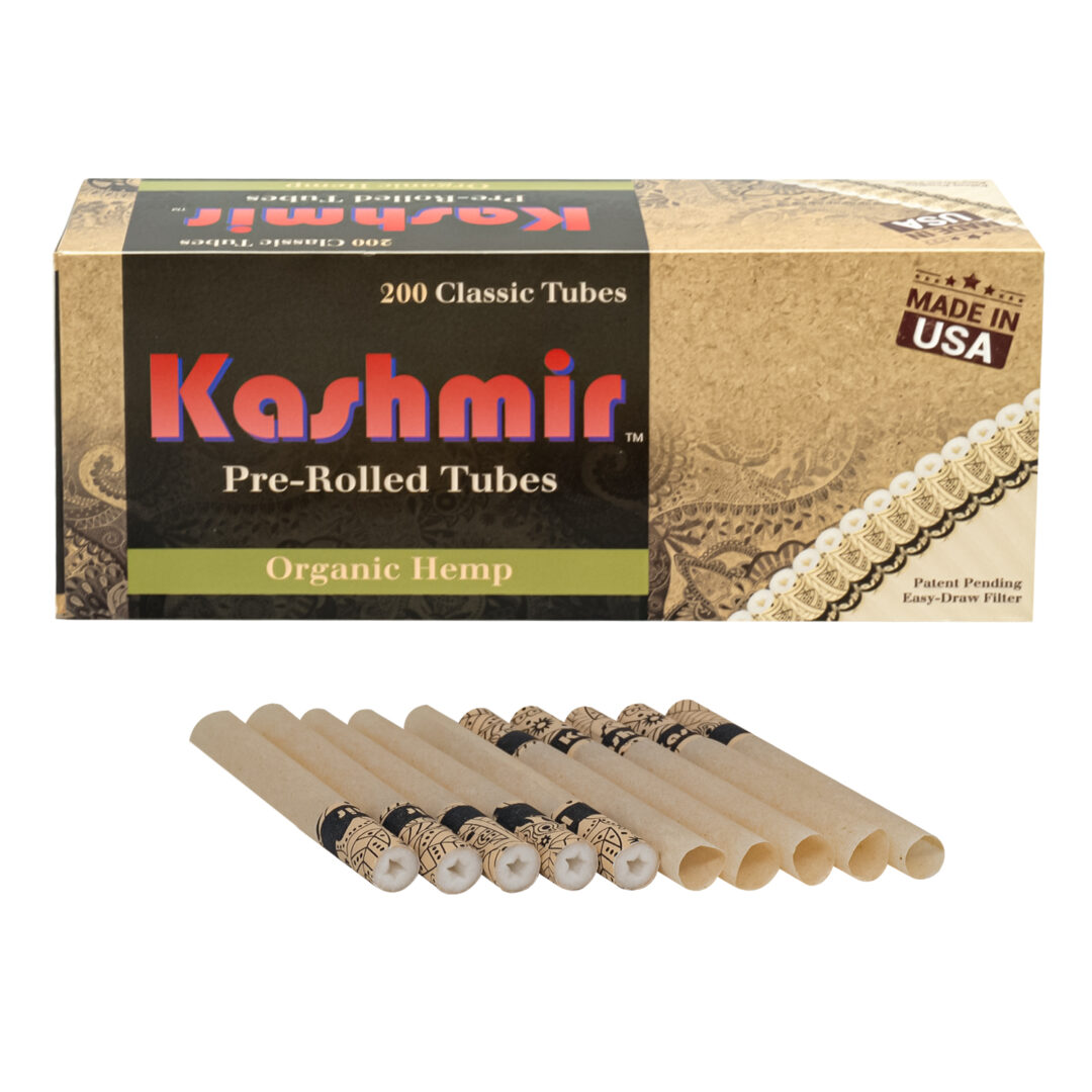 Kashmir Organic Hemp pre-rolled filter tubes, 200 classic cigarette tubes, empty cigarette tubes for legal smoking herbs, made in USA.