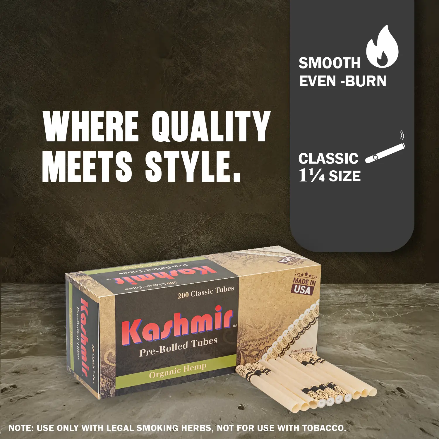 Kashmir Organic Hemp pre-rolled tubes — 200-count carton; smooth even-burn; classic 1¼ size; Made in USA.