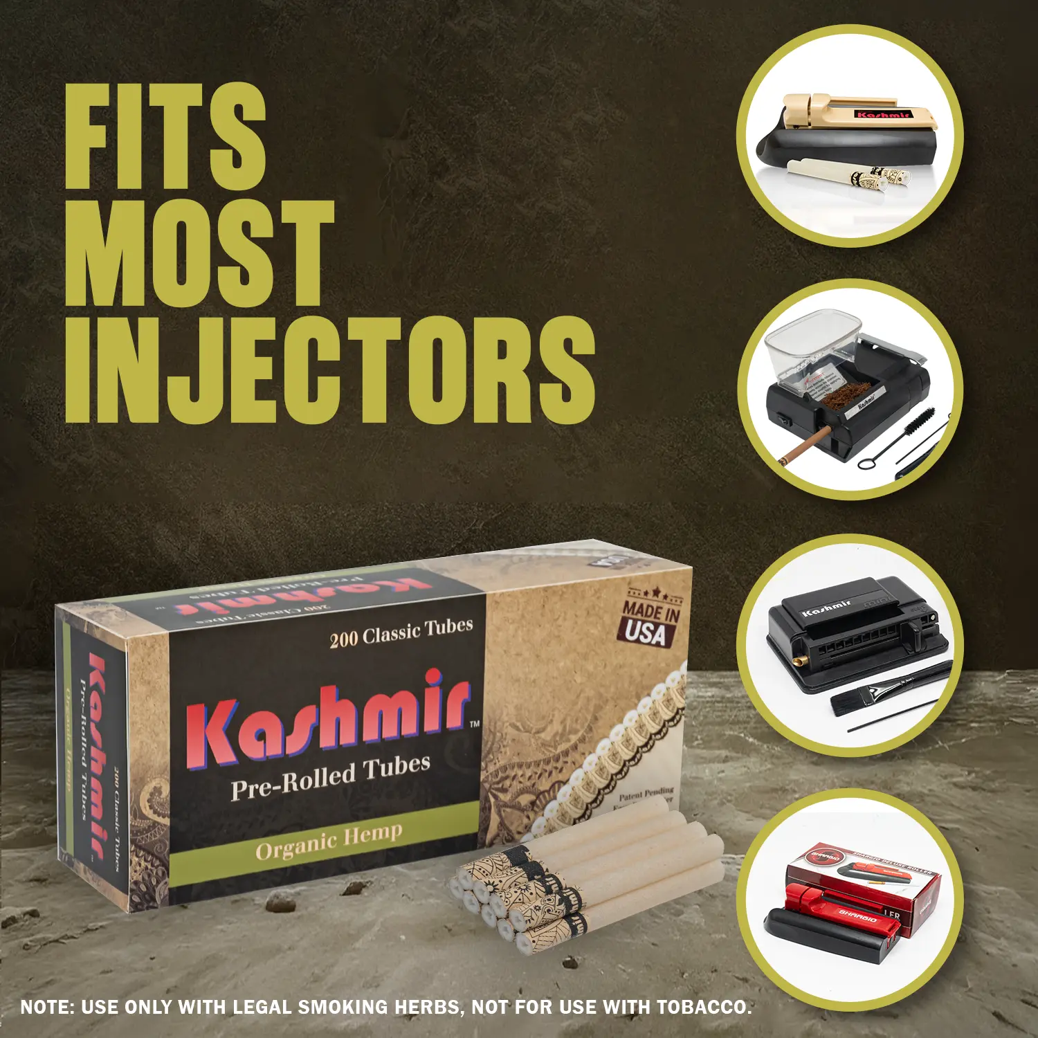 Kashmir Hemp Tubes —100% organic hemp pre-rolled cigarette tubes — 200-count carton; fits with most electronic or cigarette injectors; Made in USA.