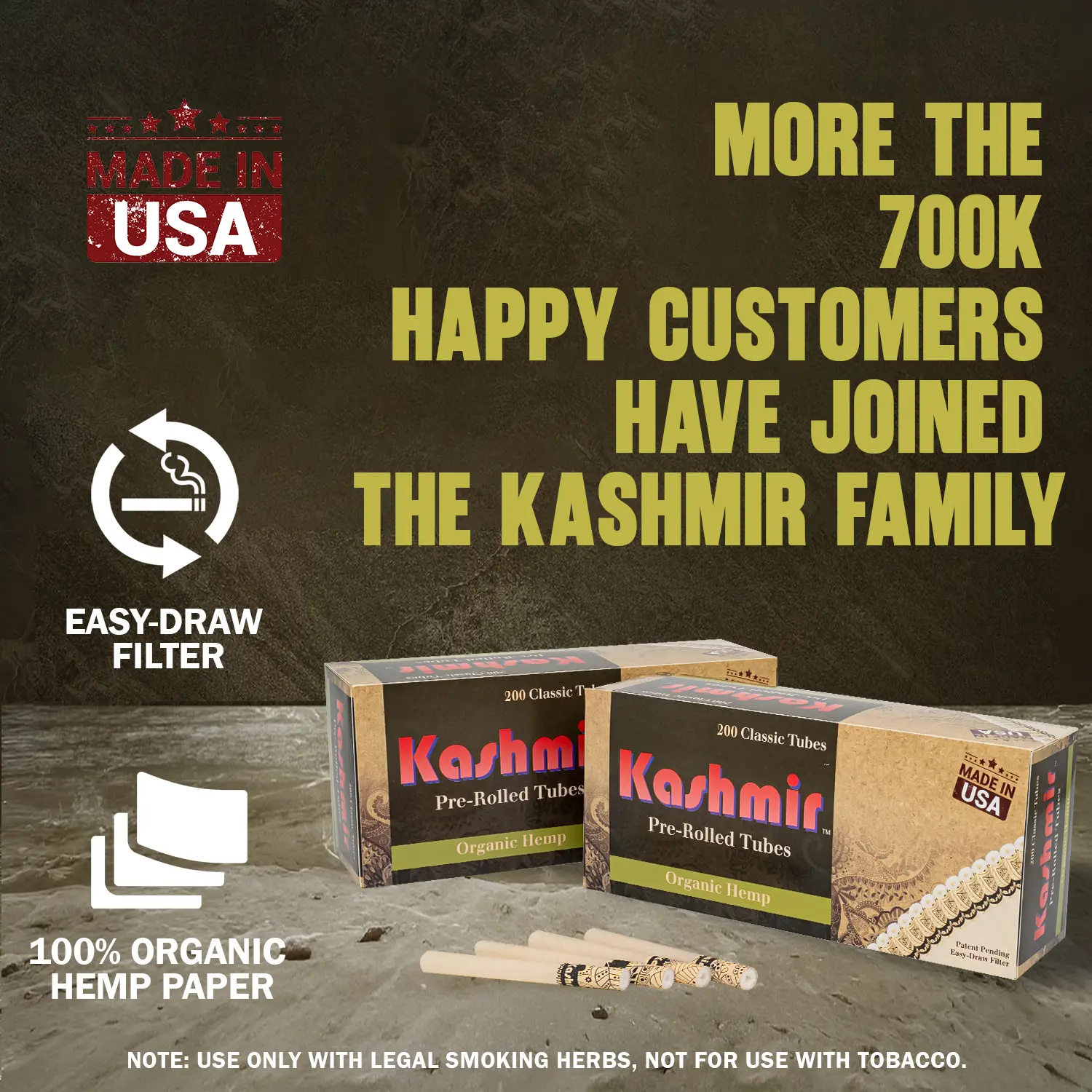 Kashmir Hemp Tubes — Pre Rolled Cigarette Tubes made with 100% organic hemp paper and easy-draw filter, 700k+ customers; made in USA.