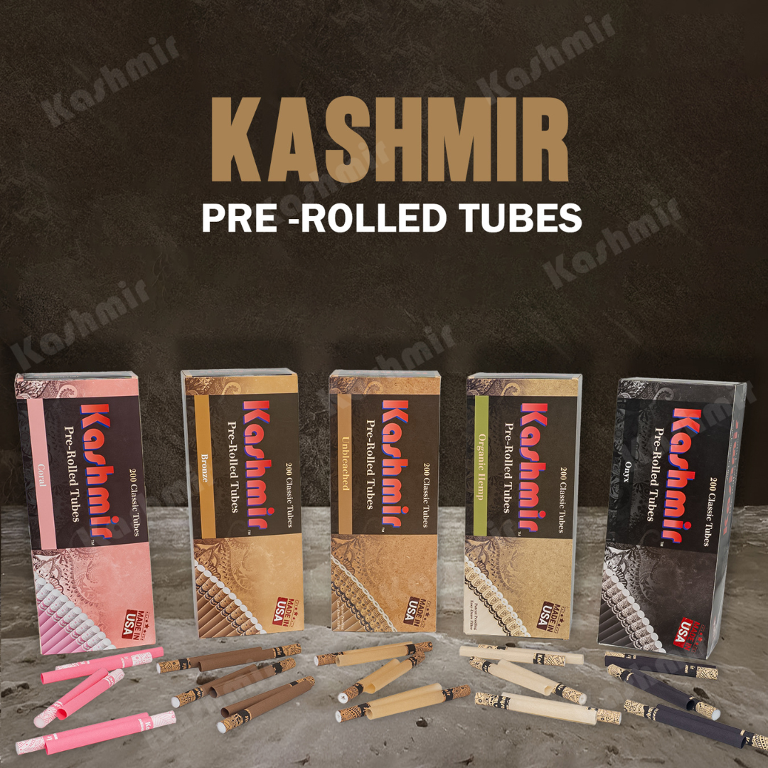 “KASHMIR PRE-ROLLED TUBES” lineup showing five 200-count cartons—Coral (pink), Bronze (brown), Unbleached (natural), Organic Hemp, and Onyx (black)—with matching tubes arranged in front.