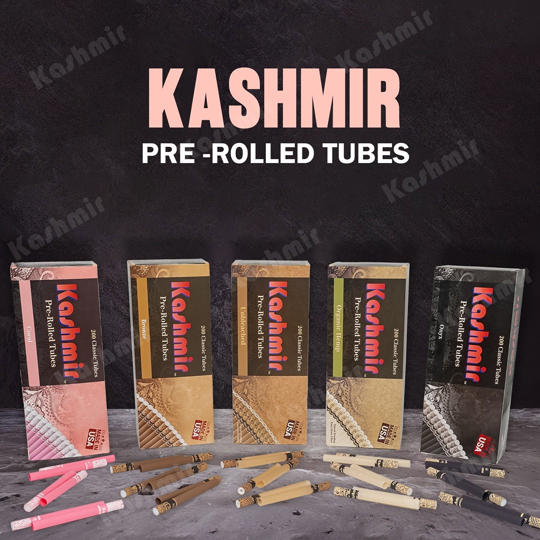 Five Kashmir Pre-Rolled Tubes cartons—Coral, Bronze, Unrefined, Organic Hemp, and Onyx—with matching tubes arranged in front; 200 Classic Tubes.
