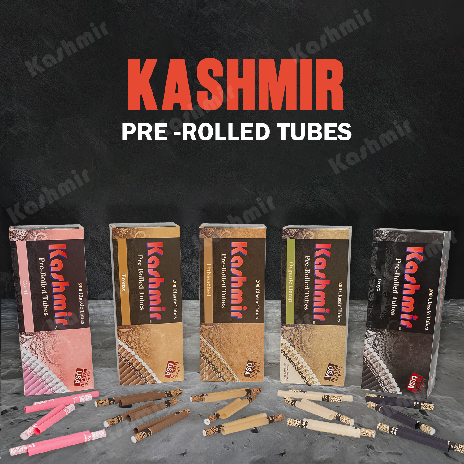 Lineup of five Kashmir pre-rolled smoking tubes cartons—Coral, Bronze, Unrefined, Organic Hemp, and Onyx—with matching tubes arranged in front, 200-count each.