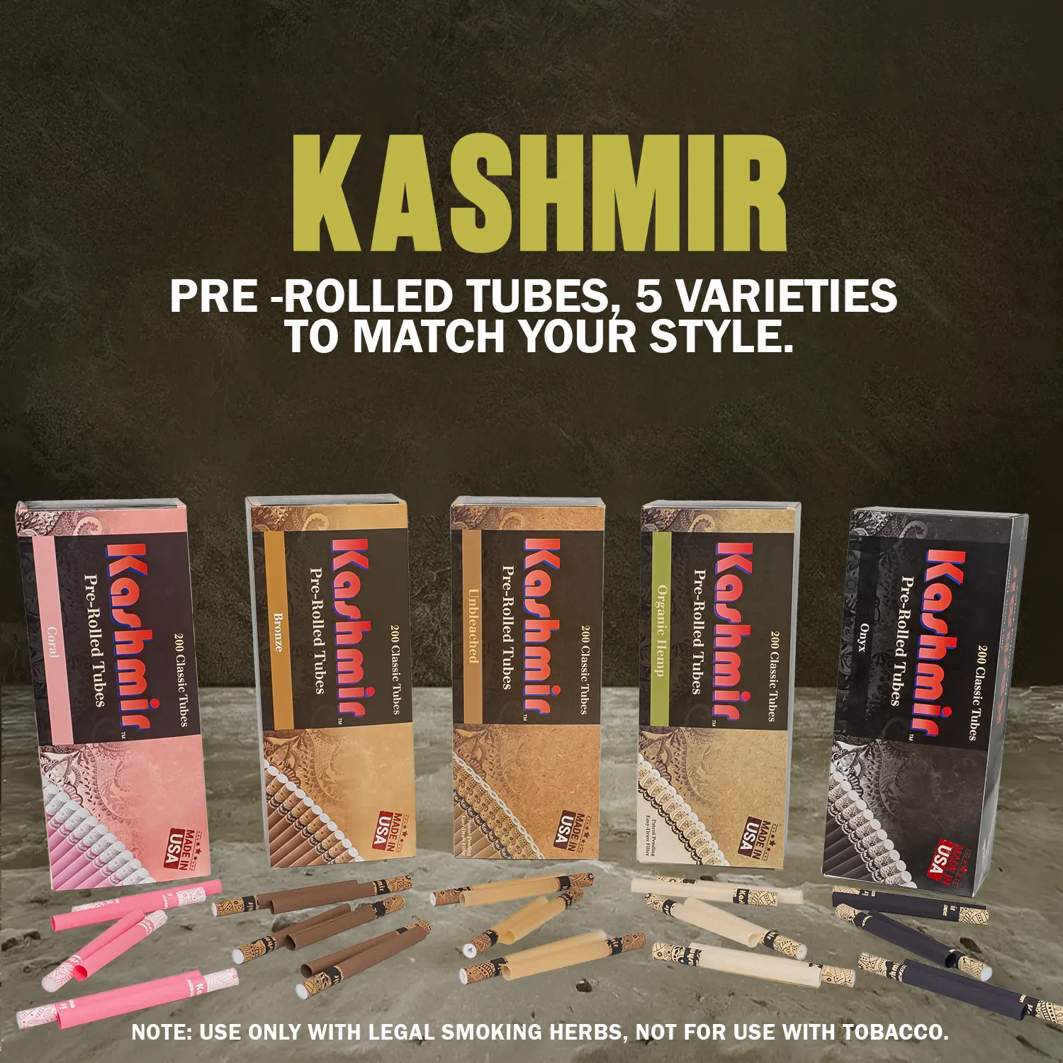 Kashmir Cigarette Tubes — five varieties: Coral, Bronze, Unrefined, Organic Hemp & Onyx; Pre Rolled Tubes cartons with empty cigarette tubes samples.