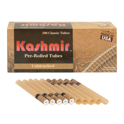 Kashmir Unbleached pre-rolled cigarette tubes, 200-count carton with natural brown tubes and white filter tips, front view.