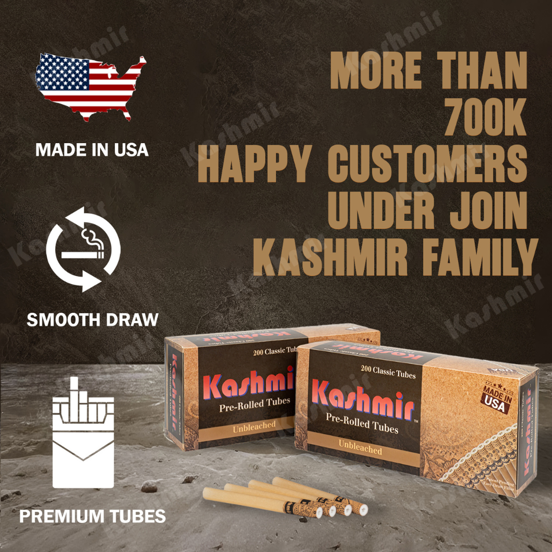 Kashmir Unbleached pre-rolled cigarette tubes—two 200-count cartons with tan tubes in front; graphic highlights Made in USA, smooth draw, premium tubes, and 700k+ happy customers.