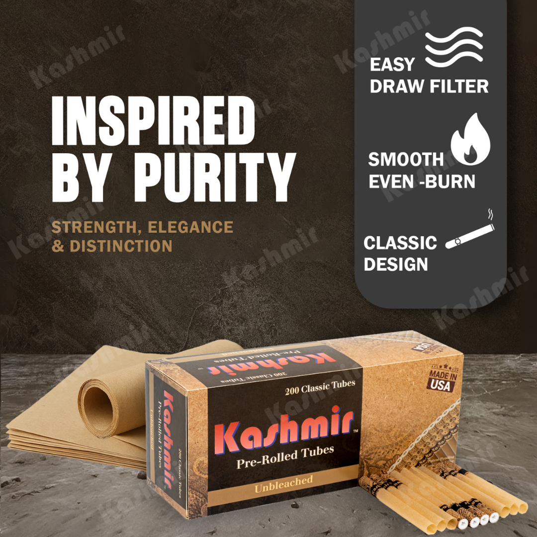 Kashmir Unbleached pre-rolled tubes, 200-count box with natural tan tubes; “Inspired by Purity” graphic highlighting easy-draw filter, smooth even-burn, and classic design; Made in USA.