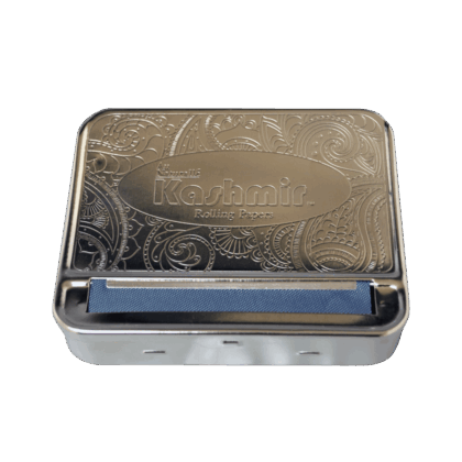 The Kashmir Automatic Rolling Machine, a sleek metal box for effortlessly rolling perfect cigarettes and joints.