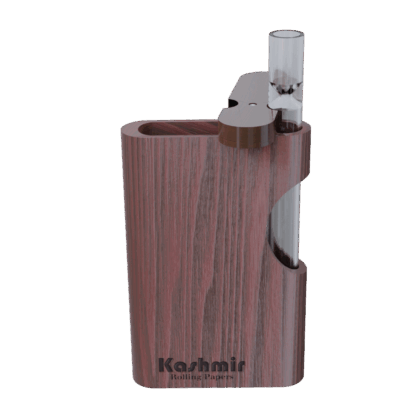 Pocket-size natural wood dugout with clear glass one-hitter pipe, perfect for discreet sessions anywhere in the USA. Order online from Kashmir420 today.
