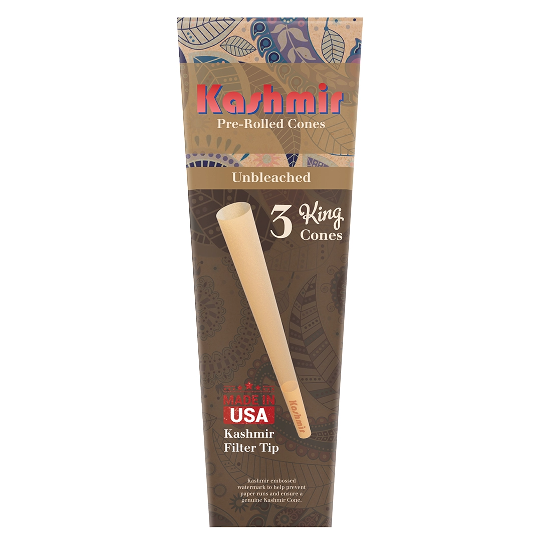 Kashmir Unbleached King Size Cones 3 pack, showing unrefined brown paper pre-rolled cones with filter tips and “Made in USA” label on front packaging.