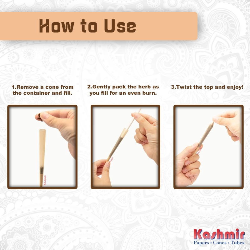3 easy step showing hands filling, packing, and twisting a Kashmir unbleached cone for smoking legal hearbs.