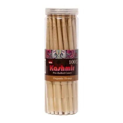 Kashmir Unbleached 1¼ cones, 100-count pre-rolled cones in a jar. Natural unbleached smoking cones with Kashmir rolling paper and branded filter tips.