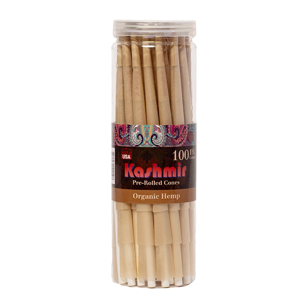 Kashmir Unbleached 1¼ cones, 100-count pre-rolled cones in a jar. Natural unbleached smoking cones with Kashmir rolling paper and branded filter tips.