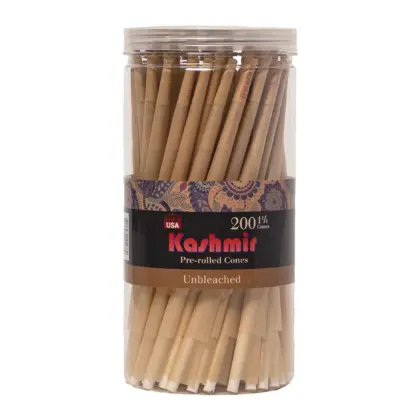 Large 200-count jar of Kashmir Unbleached 1¼ pre-rolled cones made from natural brown unbleached paper with kashmir filter tips.