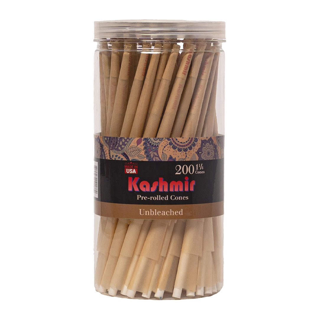 Large 200-count jar of Kashmir Unbleached 1¼ pre-rolled cones made from natural brown unbleached paper with kashmir filter tips.