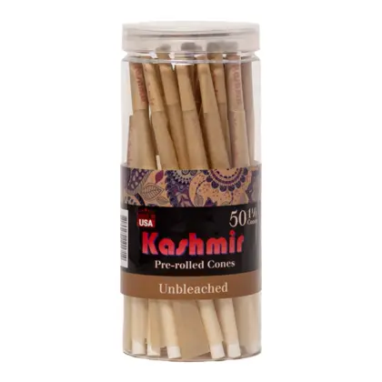 Kashmir Unbleached 1¼ Pre-Rolled Cones in a 50-count resealable jar with natural unrefined brown paper and built-in filter tips.