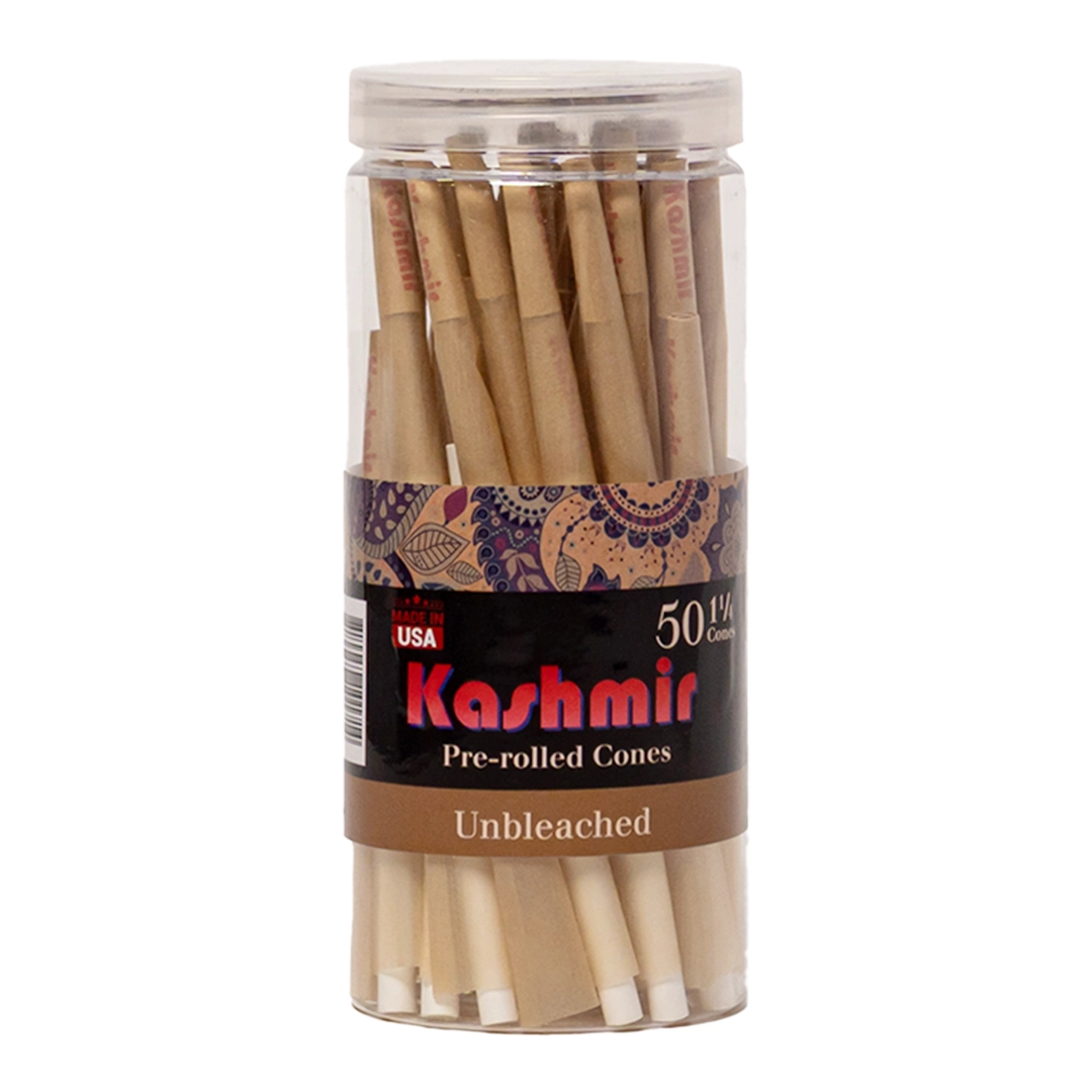 Kashmir Unbleached 1¼ Pre-Rolled Cones in a 50-count resealable jar with natural unrefined brown paper and built-in filter tips.