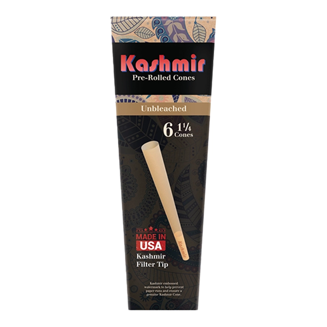 Mini 6-pack of Kashmir Unbleached 1¼ pre-rolled cones with filter tips in portable packaging, made from natural unbleached paper.