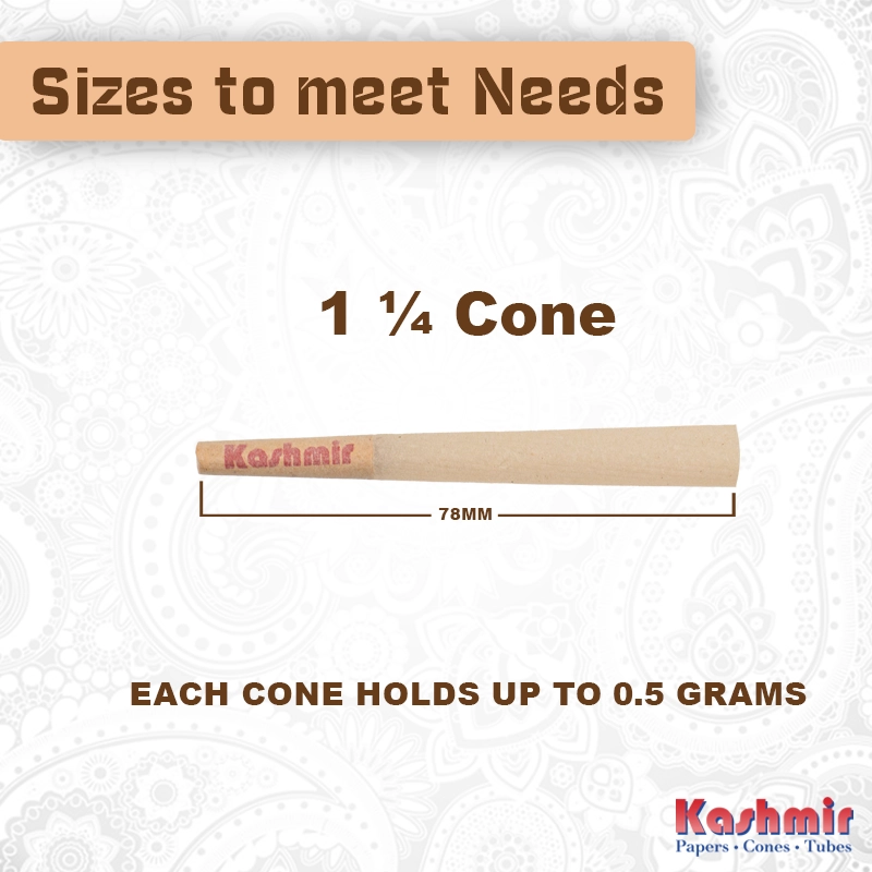 Kashmir 1¼ Size Unbleached Cone for smoking measuring 78mm with printed Kashmir tip, shown on patterned background.