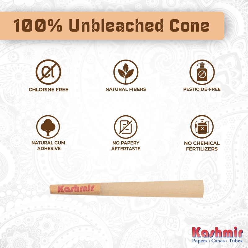 Kashmir 100% Unbleached Smoking Cone showing icons for chlorine-free, natural fibers, pesticide-free, and chemical-free features.