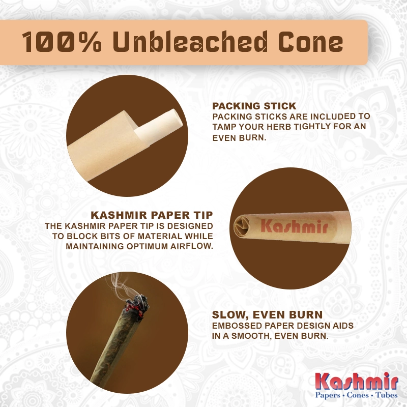 Kashmir Unbleached Cone with packing stick, filter tip close-up, and slow even burn user experiance.