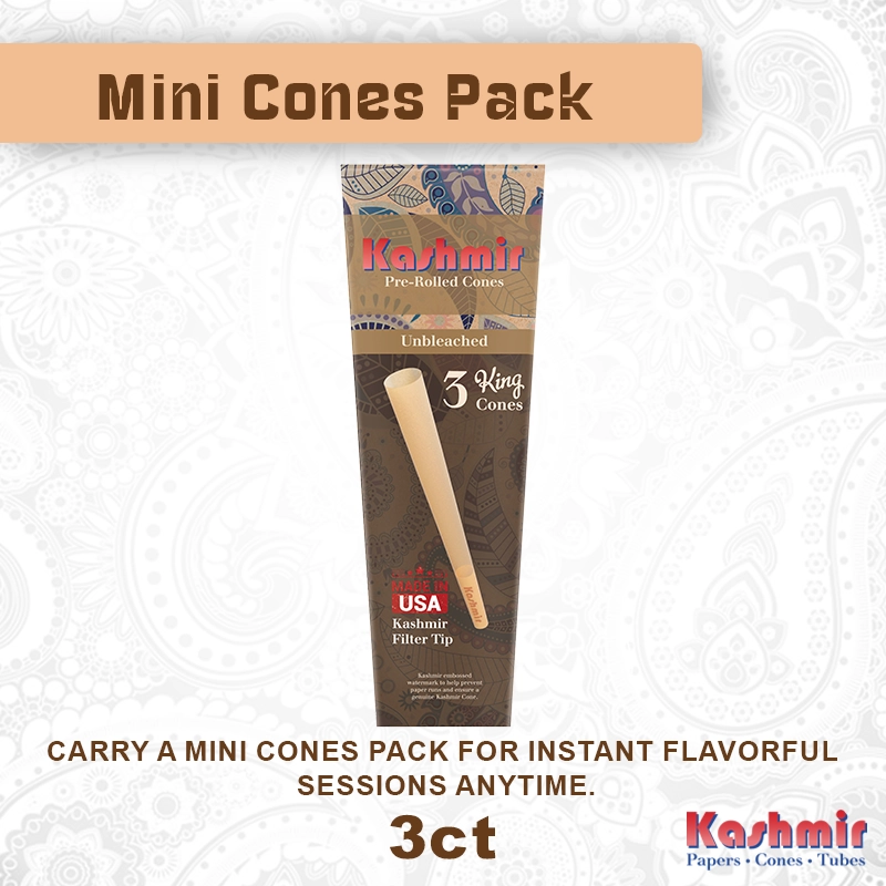 Kashmir Unbleached King Size Cones 3ct Mini Pack display image with text highlighting “Carry a mini cones pack for instant flavorful sessions anytime.