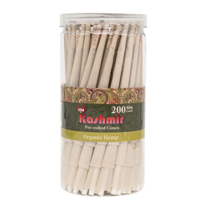 Kashmir Organic Hemp King Size pre-rolled cones 200-count jar, made from unbleached organic hemp paper with built-in tips, shown upright on white background.