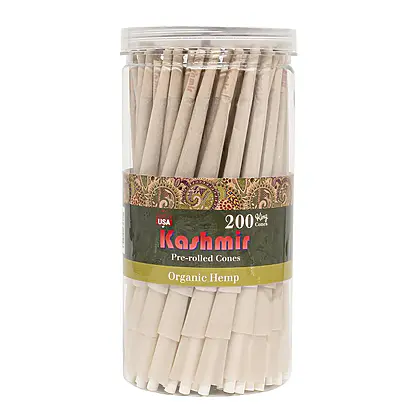 Kashmir Organic Hemp King Size pre-rolled cones 200-count jar, made from unbleached organic hemp paper with built-in tips, shown upright on white background.