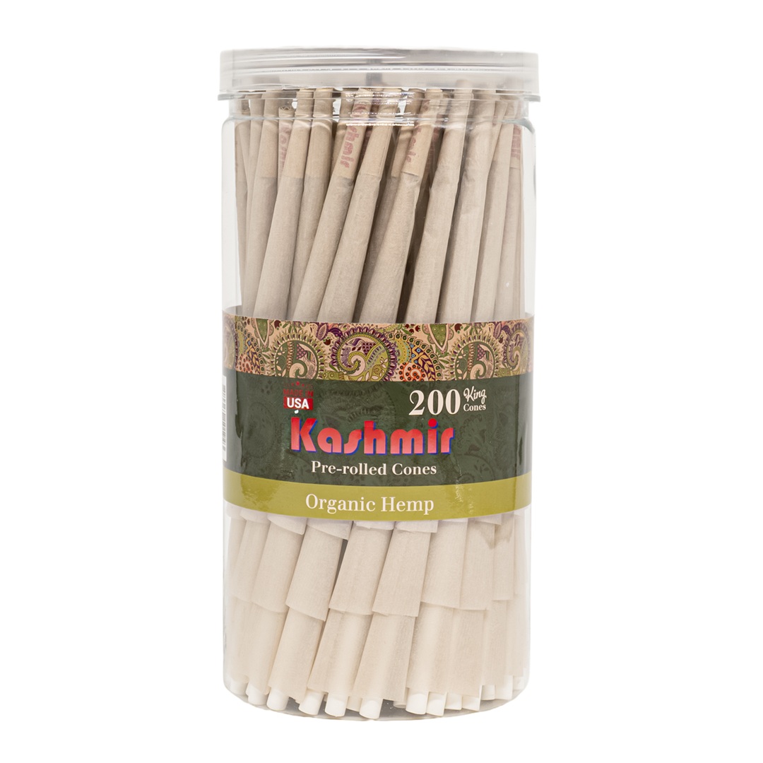Kashmir Organic Hemp King Size pre-rolled cones 200-count jar, made from unbleached organic hemp paper with built-in tips, shown upright on white background.