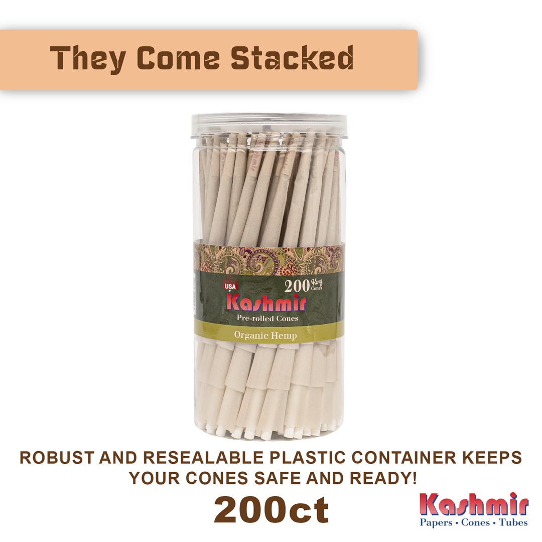 Kashmir Organic Hemp King Size pre-rolled cones, 200-count stacked in a clear resealable jar, made in USA from unbleached hemp paper.