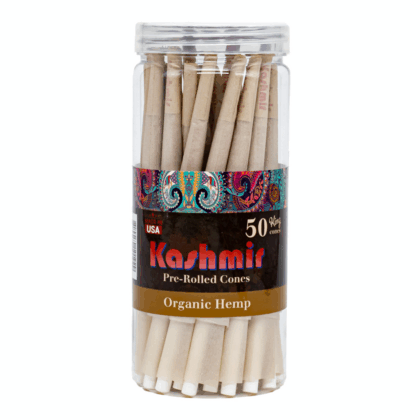 Kashmir Organic Hemp King Size cones, include 50 count pre-rolled cones in clear jar with resealable lid. Organic Hemp and Made in USA label.
