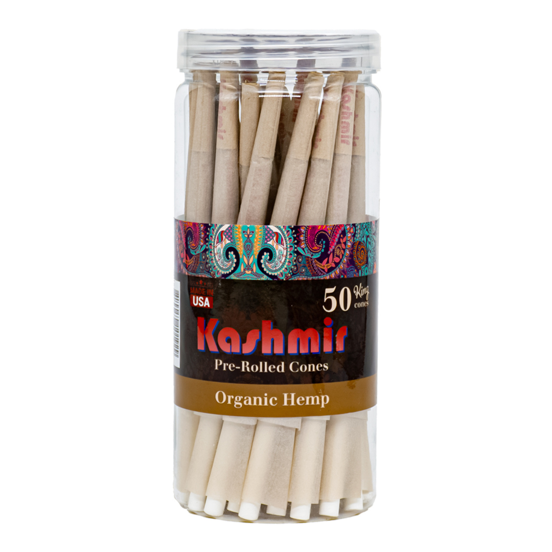 Kashmir Organic Hemp King Size cones, include 50 count pre-rolled cones in clear jar with resealable lid. Organic Hemp and Made in USA label.