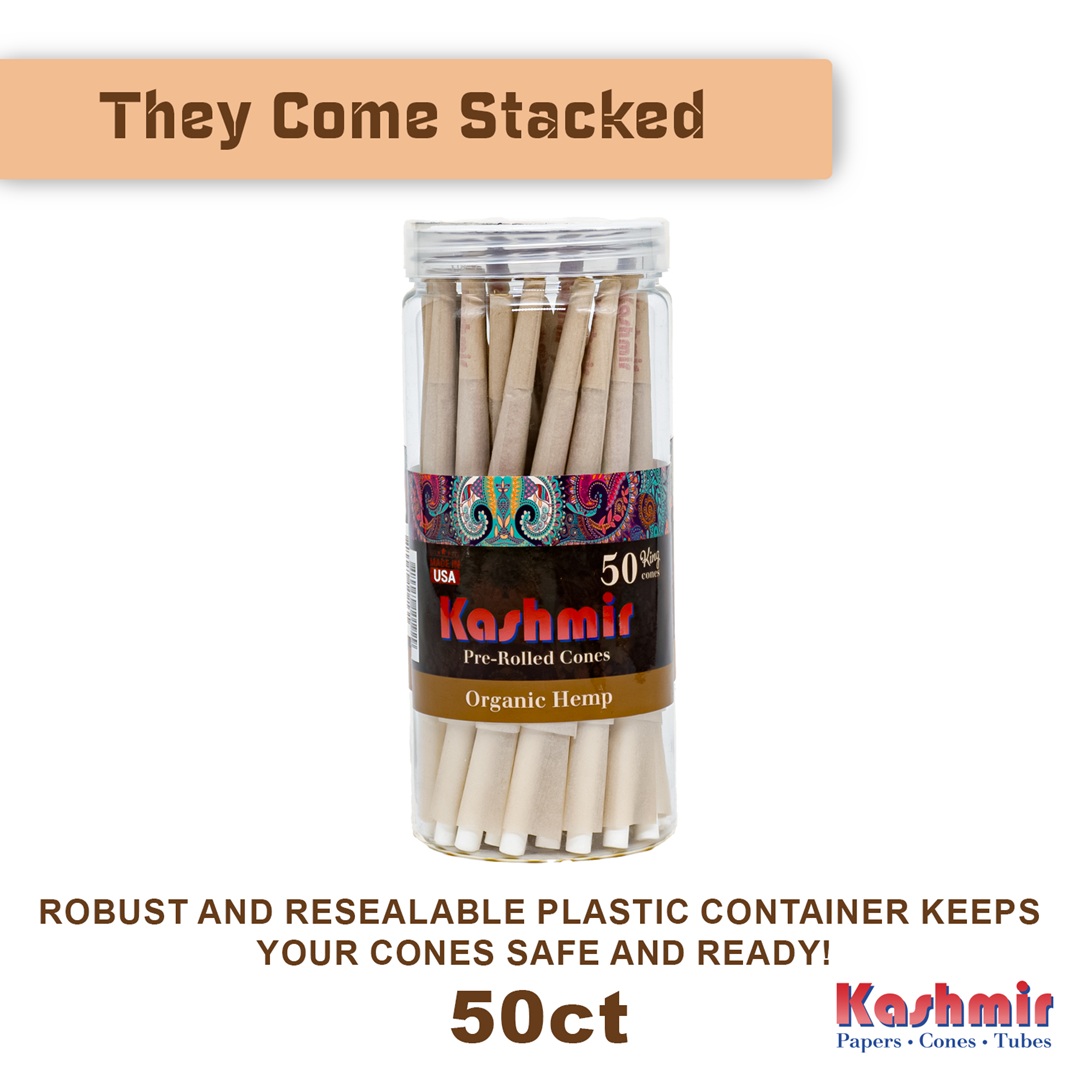 Kashmir Hemp King Size cones, include 50 count Organic Hemp Pre Rolled Cones in a stacked jar with resealable lid and brown text banner reading ‘They Come Stacked’.